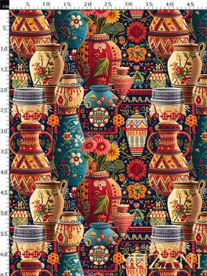 3D Etnik Vazo Desenli Dijital Baskılı Kumaş