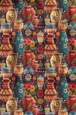 3D Etnik Vazo Desenli Dijital Baskılı Kumaş