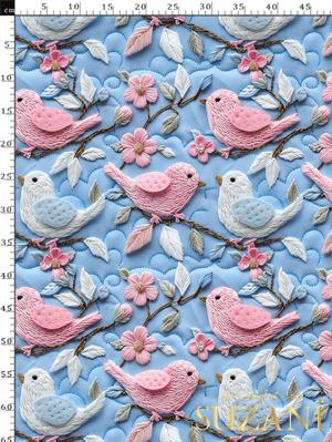 3D Kuşlar Desenli Dijital Baskılı Kumaş