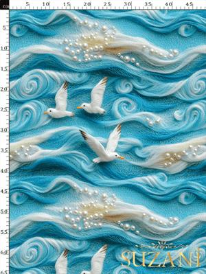 3D Martılar Deseni Dijital Baskılı Kumaş