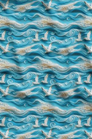 3D Martılar Deseni Dijital Baskılı Kumaş