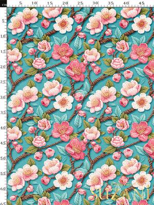 3D Mint Çiçek Desenli Dijital Baskılı Kumaş