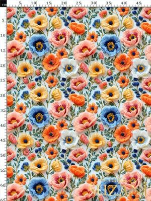 3D Somon Çiçekler Desenli Dijital Baskılı Kumaş