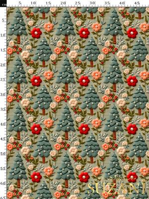 3D Sonbahar Keten Zeminli Çam Desenli Dijital Baskılı Kumaş