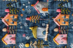 3D Sonbahar Keten Zeminli Evler Desenli Dijital Baskılı Kumaş