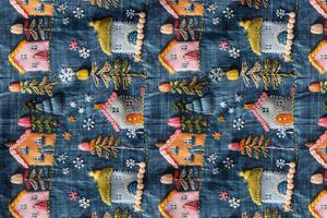 3D Sonbahar Keten Zeminli Evler Desenli Dijital Baskılı Kumaş