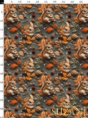 3D Sonbahar Sincap Desenli Dijital Baskılı Kumaş