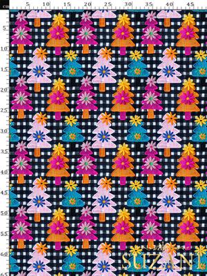 3D Yılbaşı Ekose Çam Desenli Dijital Baskılı Kumaş