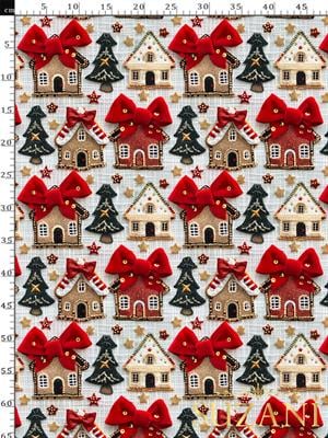 3D Yılbaşı Evler Desenli Dijital Baskılı Kumaş