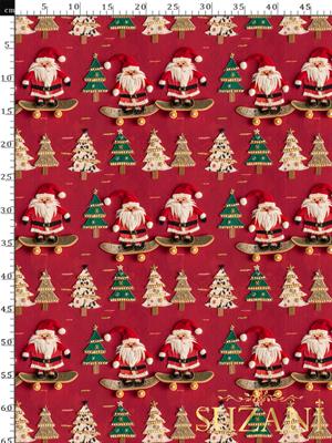 3D Yılbaşı Kaykaylı Noel Baba Desenli Dijital Baskılı Kumaş