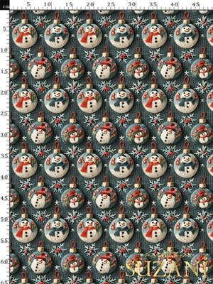 3D Yılbaşı Küreli Kardan Adam Desenli Dijital Baskılı Kumaş