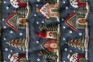 3D Yılbaşı Lacivert Evler Desenli Dijital Baskılı Kumaş
