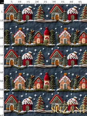 3D Yılbaşı Lacivert Evler Desenli Dijital Baskılı Kumaş