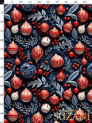 3D Yılbaşı Lacivert Küreler Desenli Dijital Baskılı Kumaş