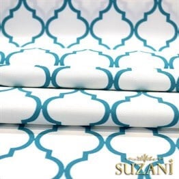 Beyaz Üzeri Turkuaz Moroccan Desenli Kumaş