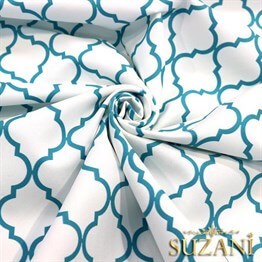 Beyaz Üzeri Turkuaz Moroccan Desenli Kumaş