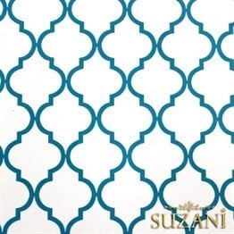 Beyaz Üzeri Turkuaz Moroccan Desenli Kumaş