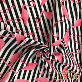 Çizgiler Üzeri Pembe Flamingo Desenli Kumaş