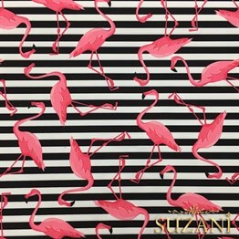 Çizgiler Üzeri Pembe Flamingo Desenli Kumaş