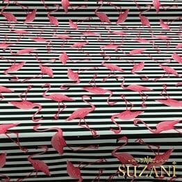 Çizgiler Üzeri Pembe Flamingo Desenli Kumaş