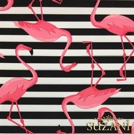 Çizgiler Üzeri Pembe Flamingo Desenli Kumaş