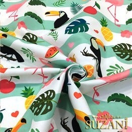 Flamingo ve Tukan Desenli Kumaş