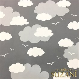 Gri Fon Gri Beyaz Bulutlu Kumaş