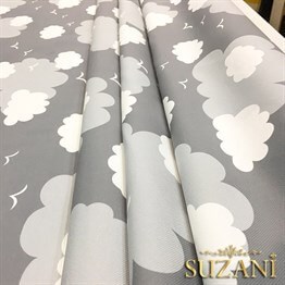 Gri Fon Gri Beyaz Bulutlu Kumaş