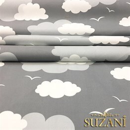 Gri Fon Gri Beyaz Bulutlu Kumaş