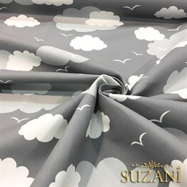Gri Fon Gri Beyaz Bulutlu Kumaş