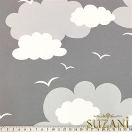 Gri Fon Gri Beyaz Bulutlu Kumaş