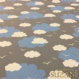 Gri Fon Mavi Beyaz Bulutlu Kumaş