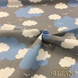 Gri Fon Mavi Beyaz Bulutlu Kumaş