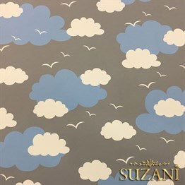 Gri Fon Mavi Beyaz Bulutlu Kumaş