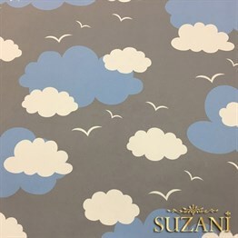 Gri Fon Mavi Beyaz Bulutlu Kumaş