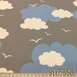 Gri Fon Mavi Beyaz Bulutlu Kumaş