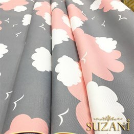 Gri Fon Pembe Beyaz Bulutlu Kumaş