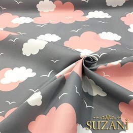 Gri Fon Pembe Beyaz Bulutlu Kumaş