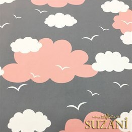 Gri Fon Pembe Beyaz Bulutlu Kumaş