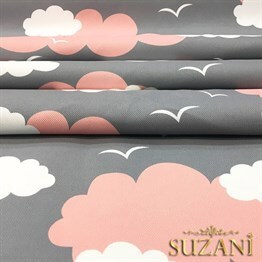 Gri Fon Pembe Beyaz Bulutlu Kumaş