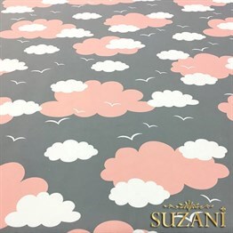 Gri Fon Pembe Beyaz Bulutlu Kumaş