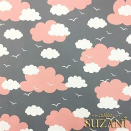 Gri Fon Pembe Beyaz Bulutlu Kumaş