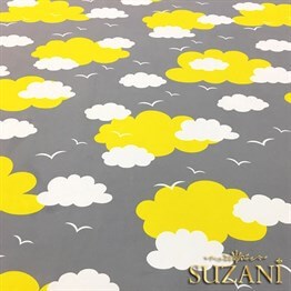 Gri Fon Sarı Beyaz Bulutlu Kumaş