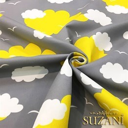 Gri Fon Sarı Beyaz Bulutlu Kumaş