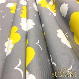 Gri Fon Sarı Beyaz Bulutlu Kumaş