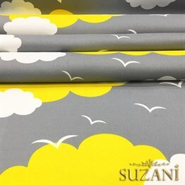 Gri Fon Sarı Beyaz Bulutlu Kumaş