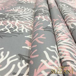 Gri Zemin Pembe Beyaz Mercan Desenli Kumaş