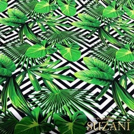 İç İçe Kareler Üzeri Tropikal Yaprak Desenli Kumaş