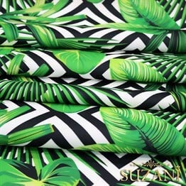 İç İçe Kareler Üzeri Tropikal Yaprak Desenli Kumaş
