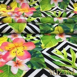 Kareler Üzeri Sarı Kırmızı Çiçekli Kumaş